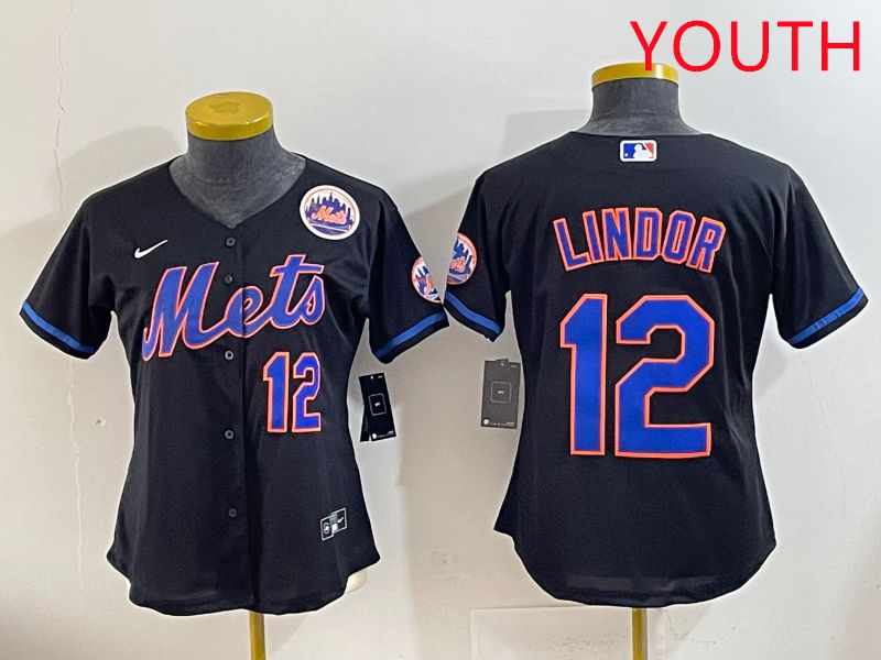 Youth 2025 New York Mets #12 Lindor Black Game Nike MLB Jersey style 2